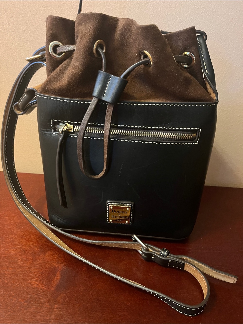 Dooney & Bourke Black Leather and Brown Suede Drawstring Bucket Messenger
